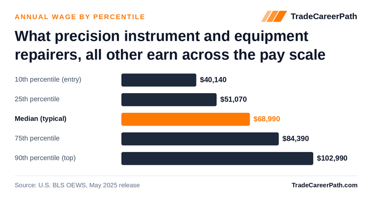 Precision Instrument and Equipment Repairers, All Other annual wage by percentile: $40,140 at the 10th percentile, $68,990 median, $102,990 at the 90th. Source: U.S. BLS OEWS, May 2025 release.