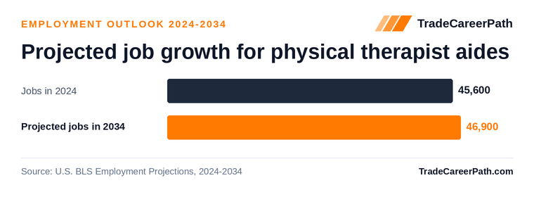 Projected job growth for physical therapist aides: 45,600 jobs in 2024 to 46,900 in 2034, +2.8% change. Source: U.S. BLS Employment Projections, 2024-2034.