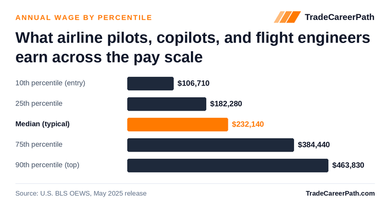 Airline Pilots, Copilots, and Flight Engineers annual wage by percentile: $106,710 at the 10th percentile, $232,140 median, $463,830 at the 90th. Source: U.S. BLS OEWS, May 2025 release.