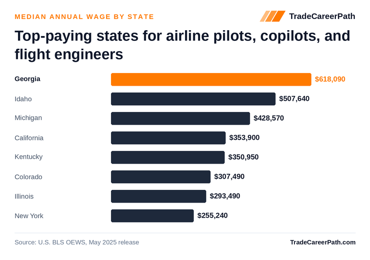 Top-paying states for airline pilots, copilots, and flight engineers - Georgia leads at $618,090. Source: U.S. BLS OEWS, May 2025 release.