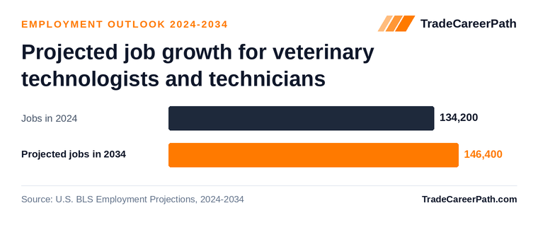 Projected job growth for veterinary technologists and technicians: 134,200 jobs in 2024 to 146,400 in 2034, +9.1% change. Source: U.S. BLS Employment Projections, 2024-2034.